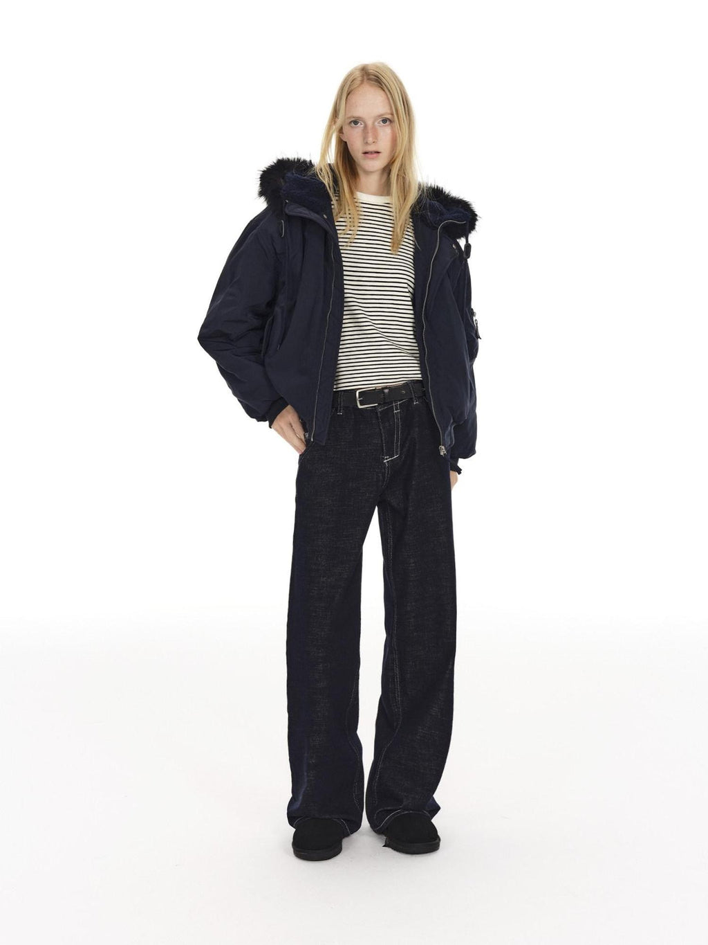 Country Moment Slimming Mid Rise Contrast Stitch Loose Unisex Blue Cotton Straight Leg Jeans