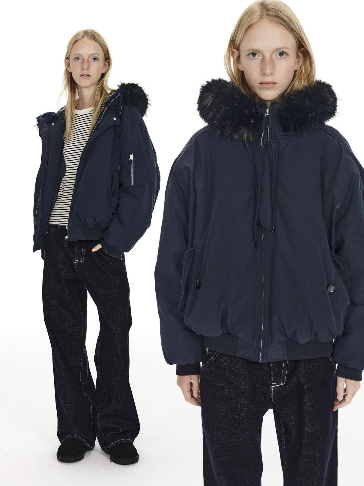 Country Moment Warm Hooded Retro Short Zip Ribbed Hem Unisex Navy Puffer Jackets