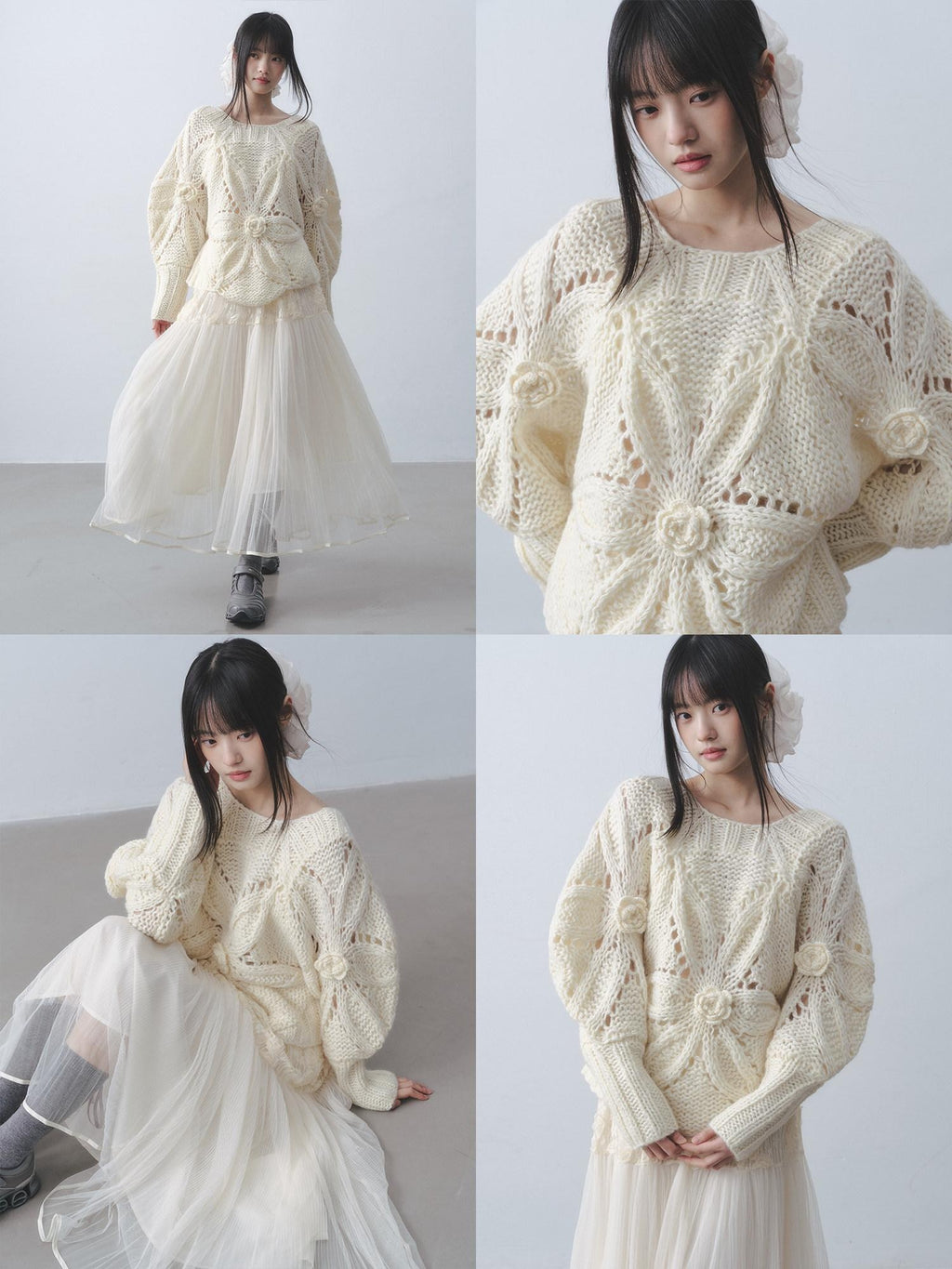 DDGIRL studio Soft Loose Crochet Openwork Lantern Sleeve Round Neck Women Knitwear Sweaters