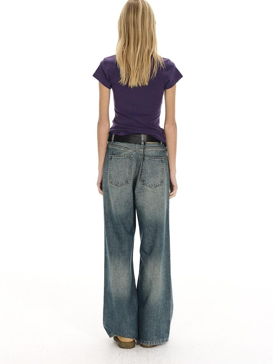 Country Moment Breathable Washed Blue Gradient Vintage Mid Rise Button Fly Wide Leg Jeans