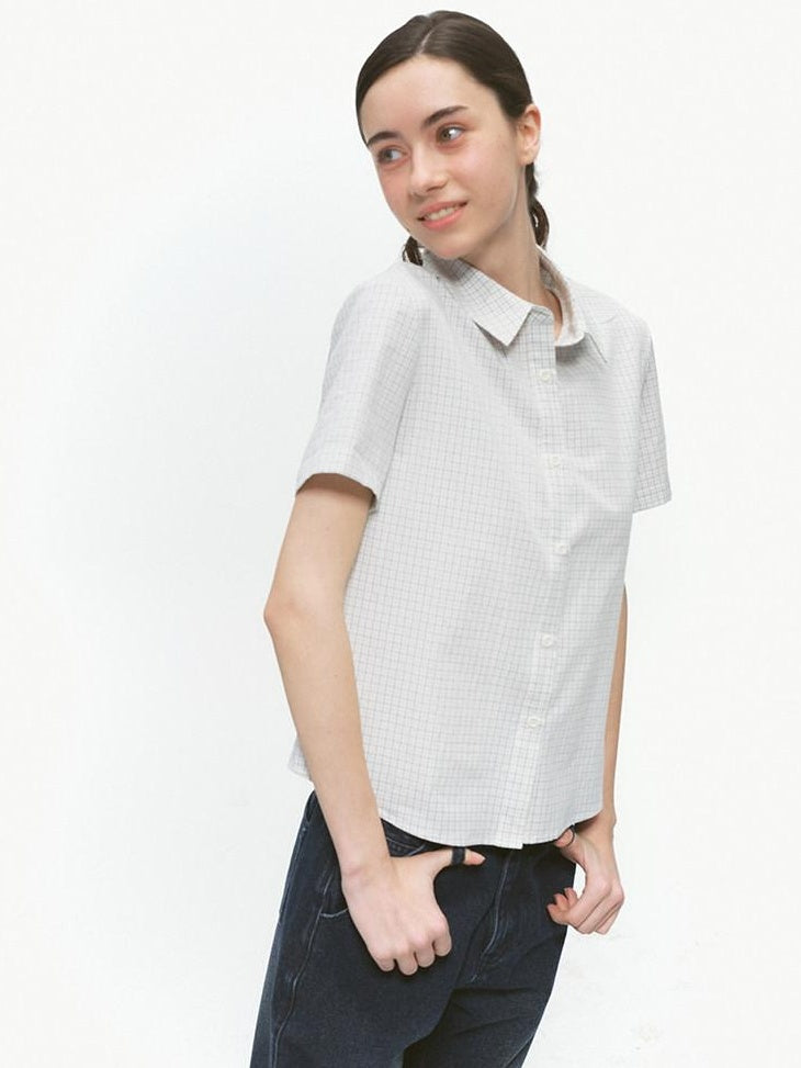 Country Moment Breathable Pure Cotton Slim Fit Checked Short Sleeve Button Collar Women Shirts
