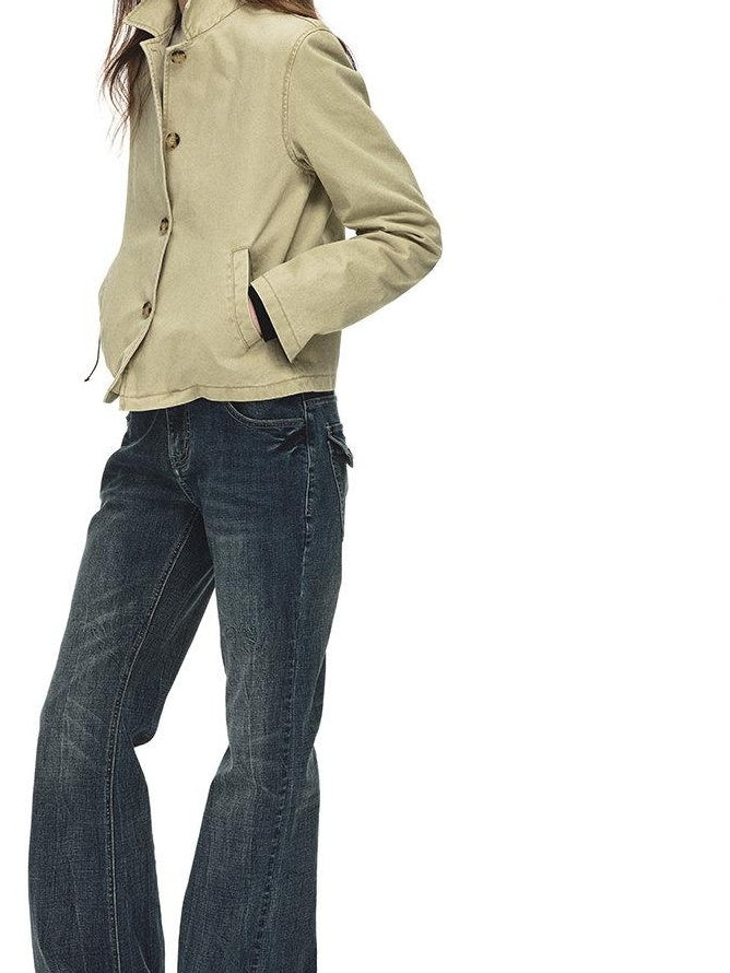 Country Moment Warm Vintage British Short Button Khaki Cotton Unisex Commuter Cropped Jackets