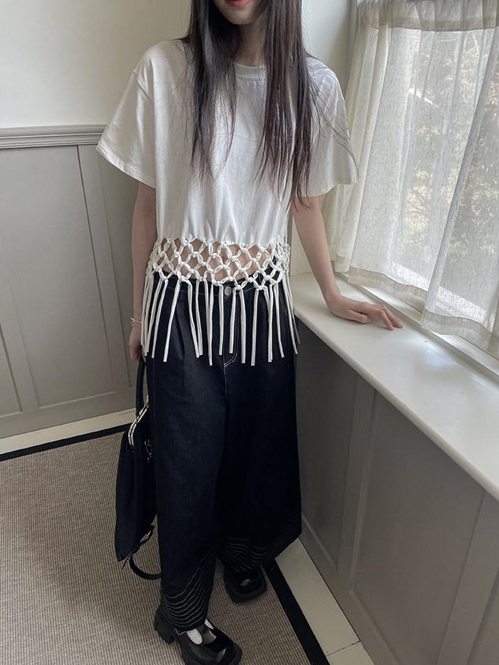 DDGIRL studio White Fringe Cropped Loose 100% Cotton Commuter Crew Neck Short Sleeve T-Shirts