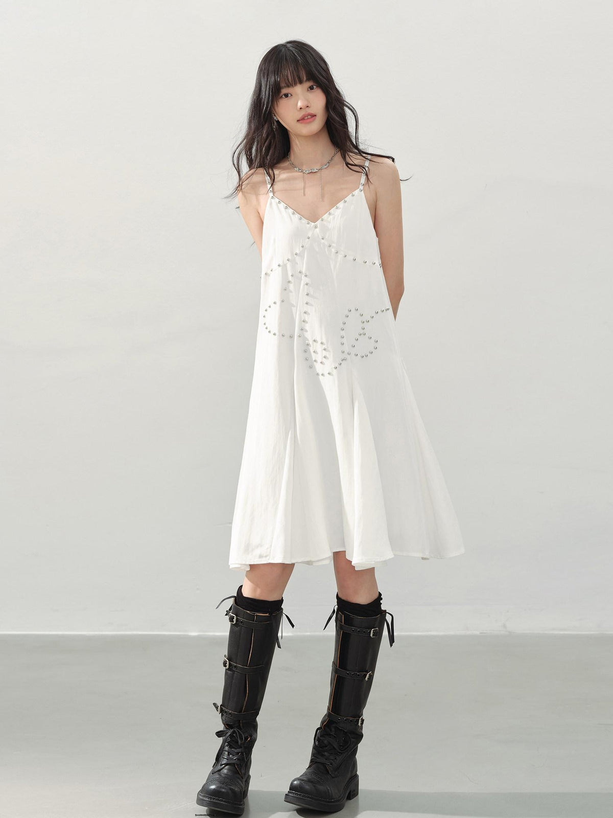 DDGIRL studio Soft Beaded Girly A Line V-neck Spaghetti Strap Cotton Wedding Midi Dresses