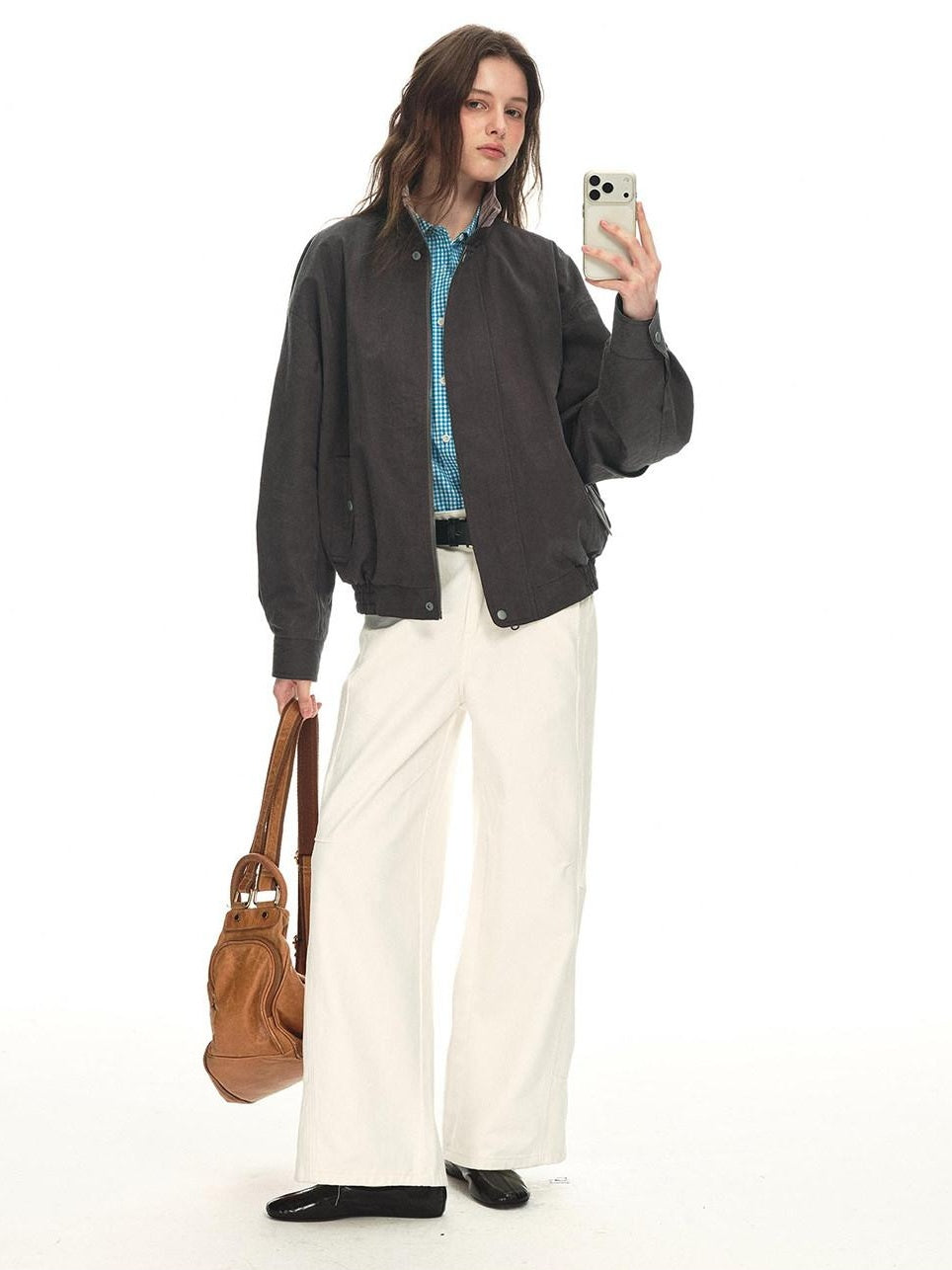 Country Moment Contrast Patchwork Relaxed Check Zip Long Sleeve Womens Cropped Jackets