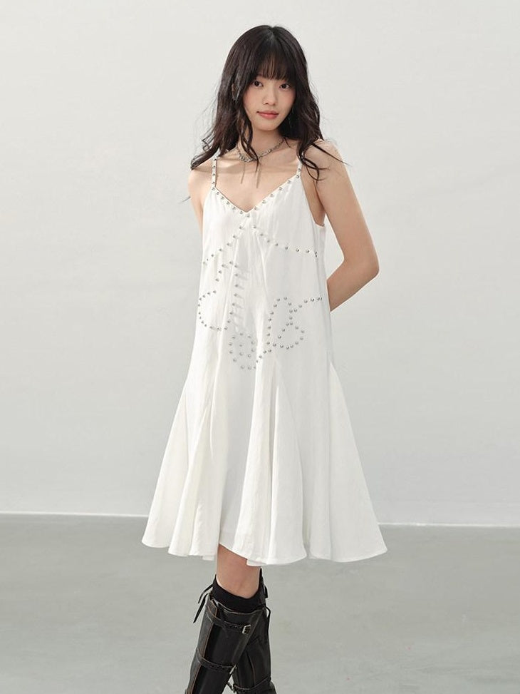DDGIRL studio Soft Beaded Girly A Line V-neck Spaghetti Strap Cotton Wedding Midi Dresses