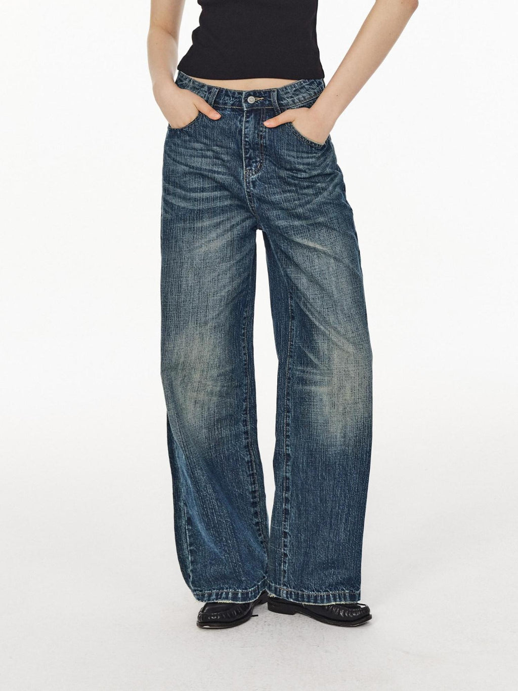 Country Moment Micro Stretch Mid Rise Vintage Blue Gradient Loose Unisex Straight Leg Jeans