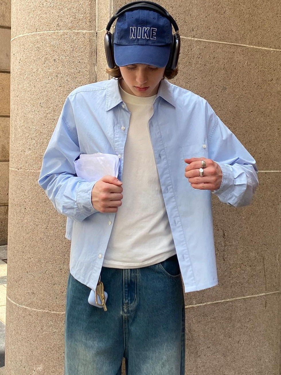 Country Moment Breathable 100% Cotton Relaxed Square Neck Cardigan Unisex Solid Blue Shirts