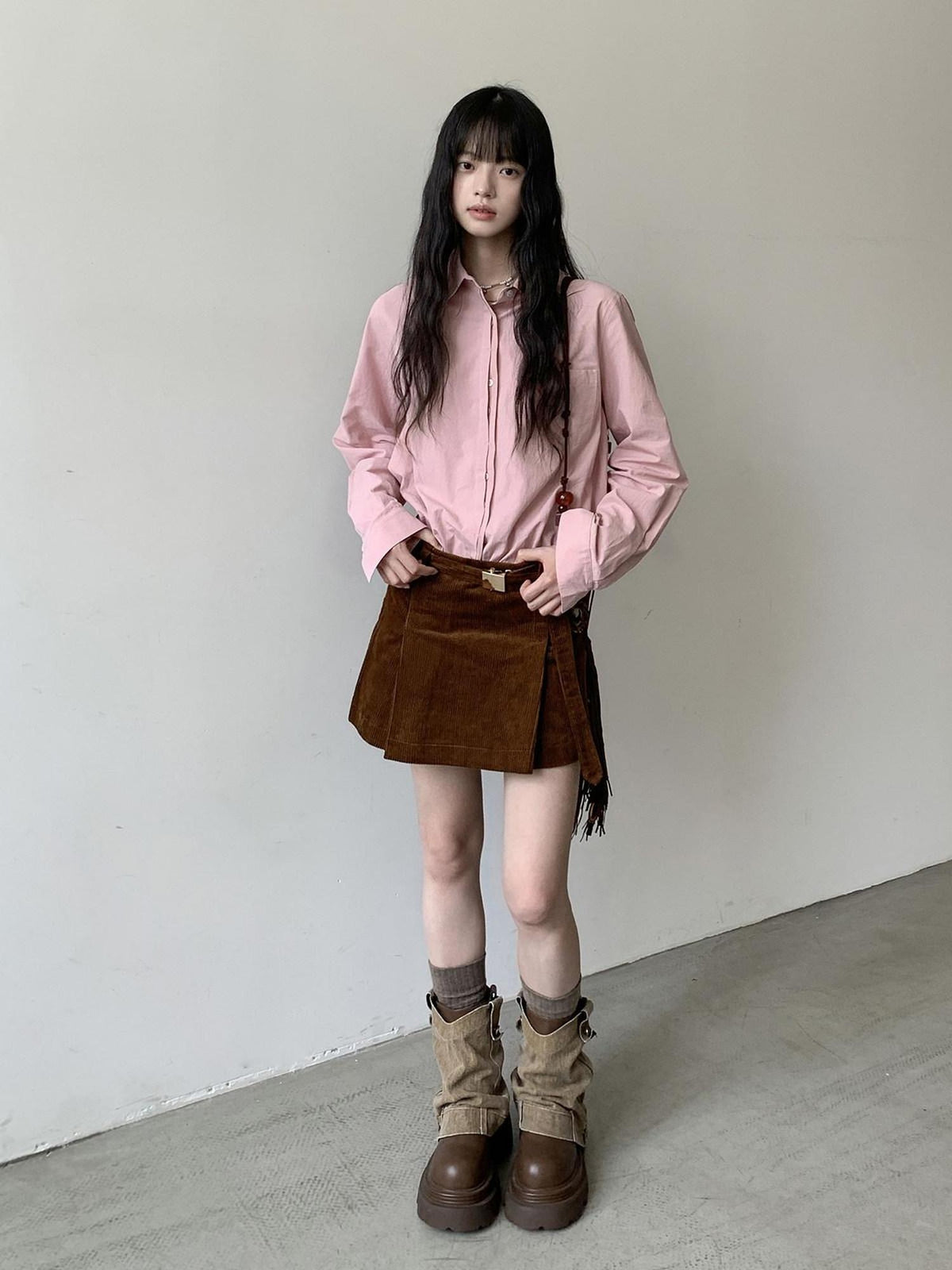 DDGIRL studio Breathable 100% Cotton Loose Fit Polo Collar Button Long Sleeve Pink Shirts