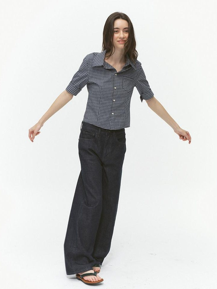 Country Moment Breathable Cotton Cropped Straight Revere Women Navy Plaid Shirts