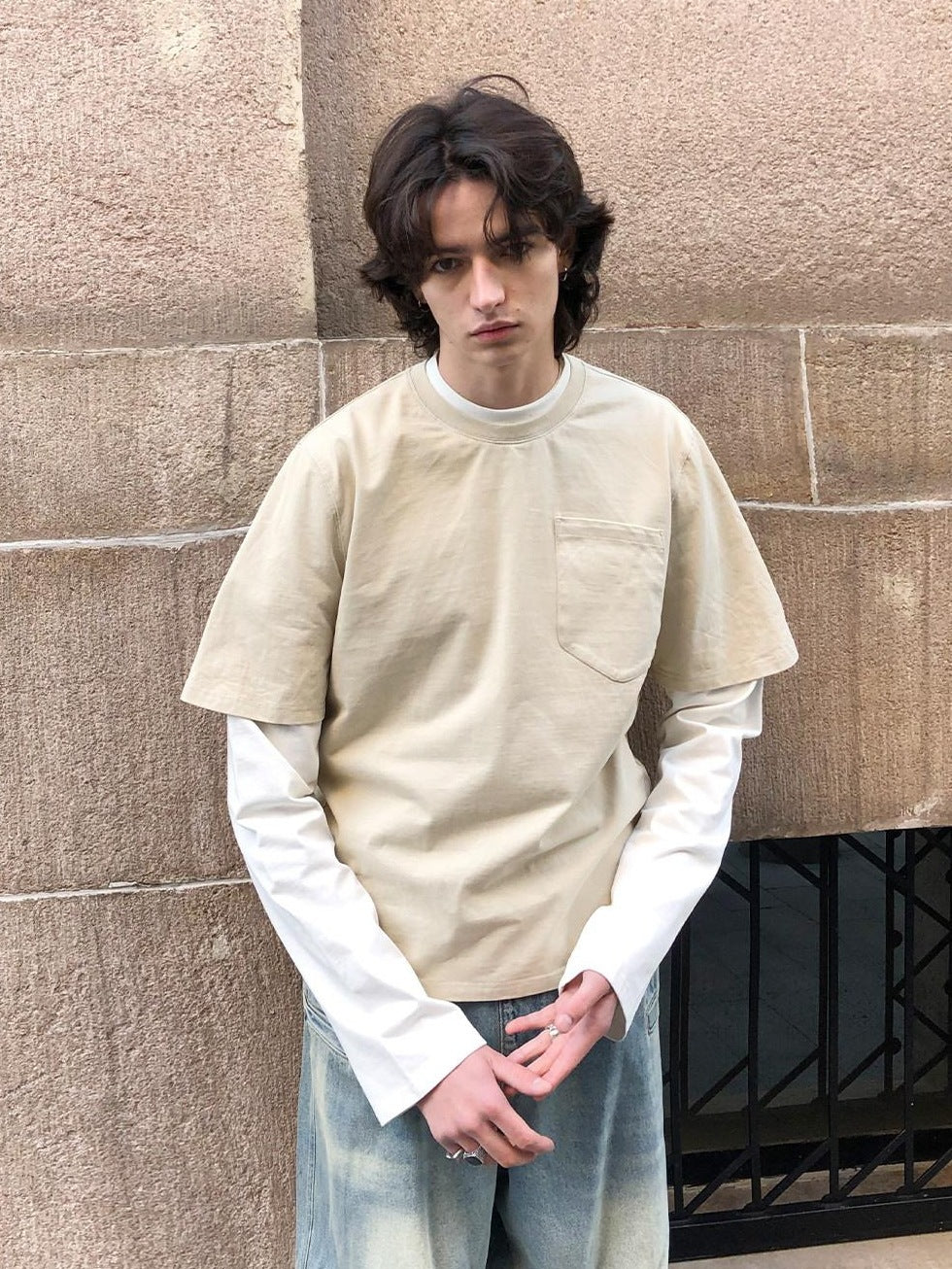 Country Moment Soft Breathable 100% Cotton Loose Crew Neck Unisex Khaki Long Sleeve T-Shirts