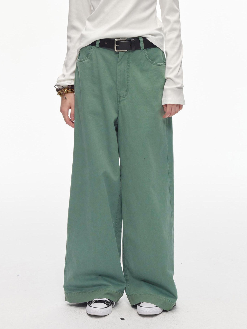 Country Moment Washed 100% Cotton Loose Straight Zipper Fly Youth Everyday Green Wide Leg Pants