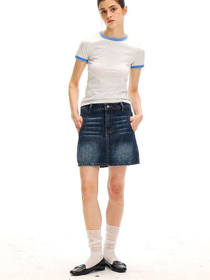 Country Moment Breathable Cotton Blend Vintage Office A Line Solid Blue Black Mini Skirts