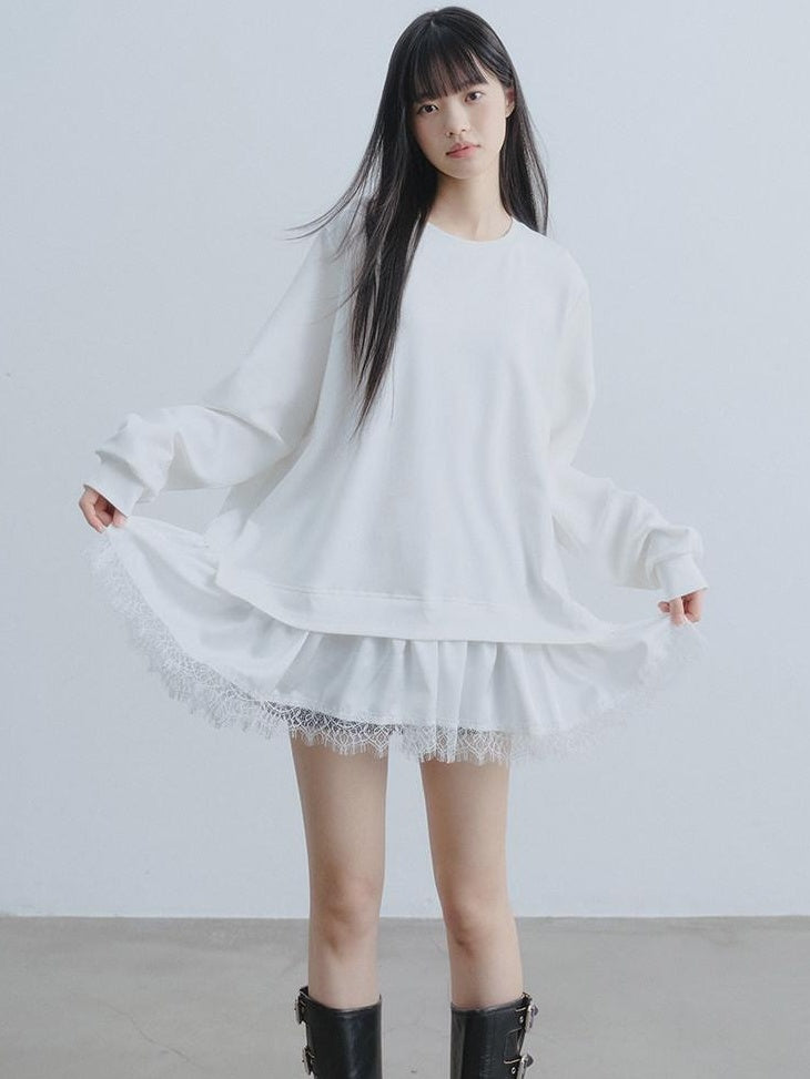 DDGIRL studio Soft Patchwork Loose Sweatshirt Girly Oversized Long Sleeve White Mini Dresses