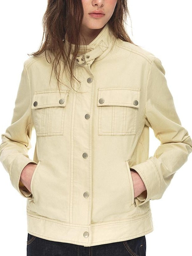 Country Moment Durable Cotton Button Loose Fit Vintage Stand Collar Women Cropped Jackets