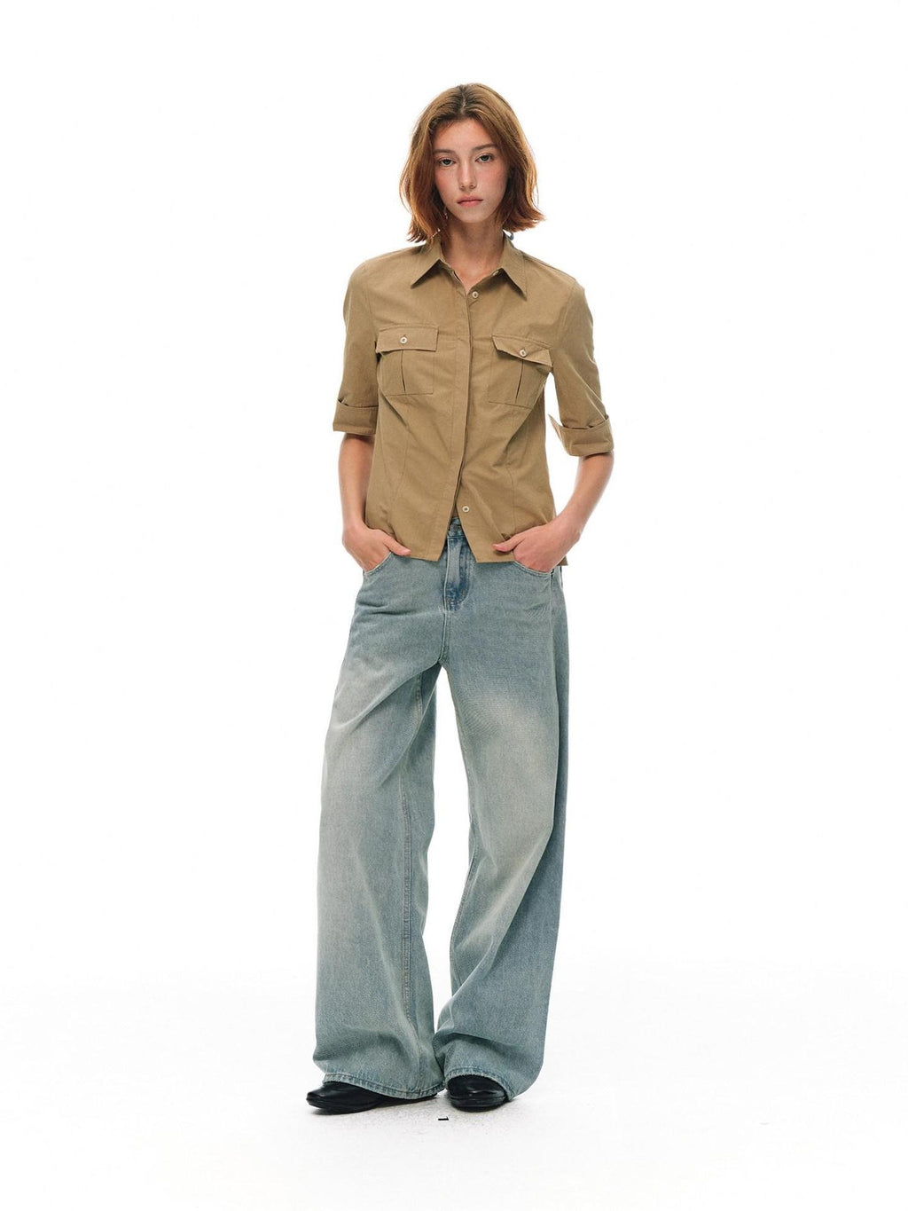 Country Moment Washed Distressed Embroidered Mid Rise Loose Retro Light Blue Wide Leg Jeans