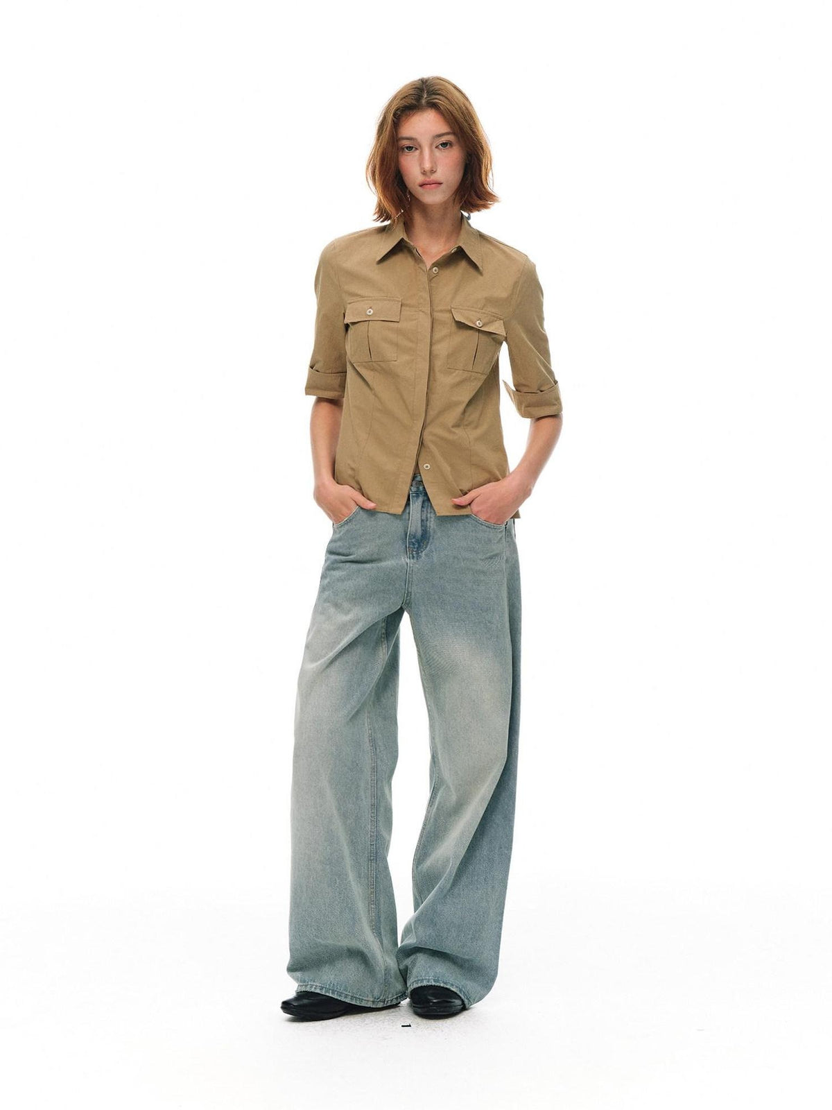 Country Moment Washed Distressed Embroidered Mid Rise Loose Retro Light Blue Wide Leg Jeans