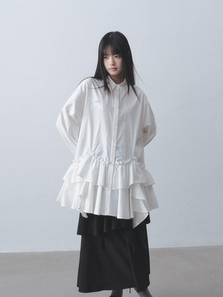 DDGIRL studio High Waist Ruffle Commuter Shirt Dress A Line Women White Button Mini Dresses