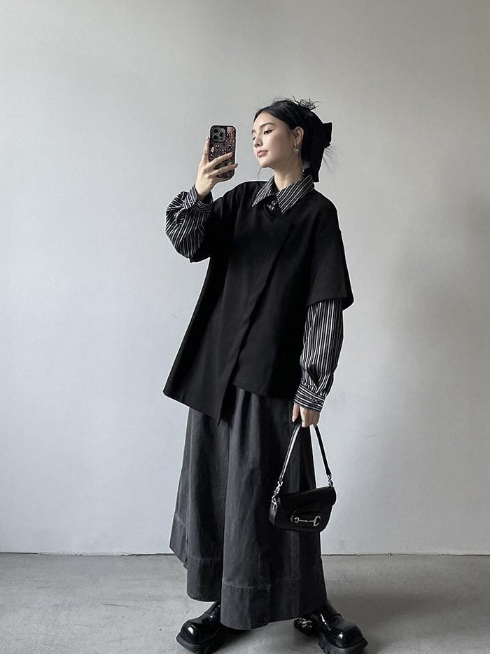 DDGIRL studio Breathable Cotton Blend Relaxed Commuter Collared Striped Women Black Shirts