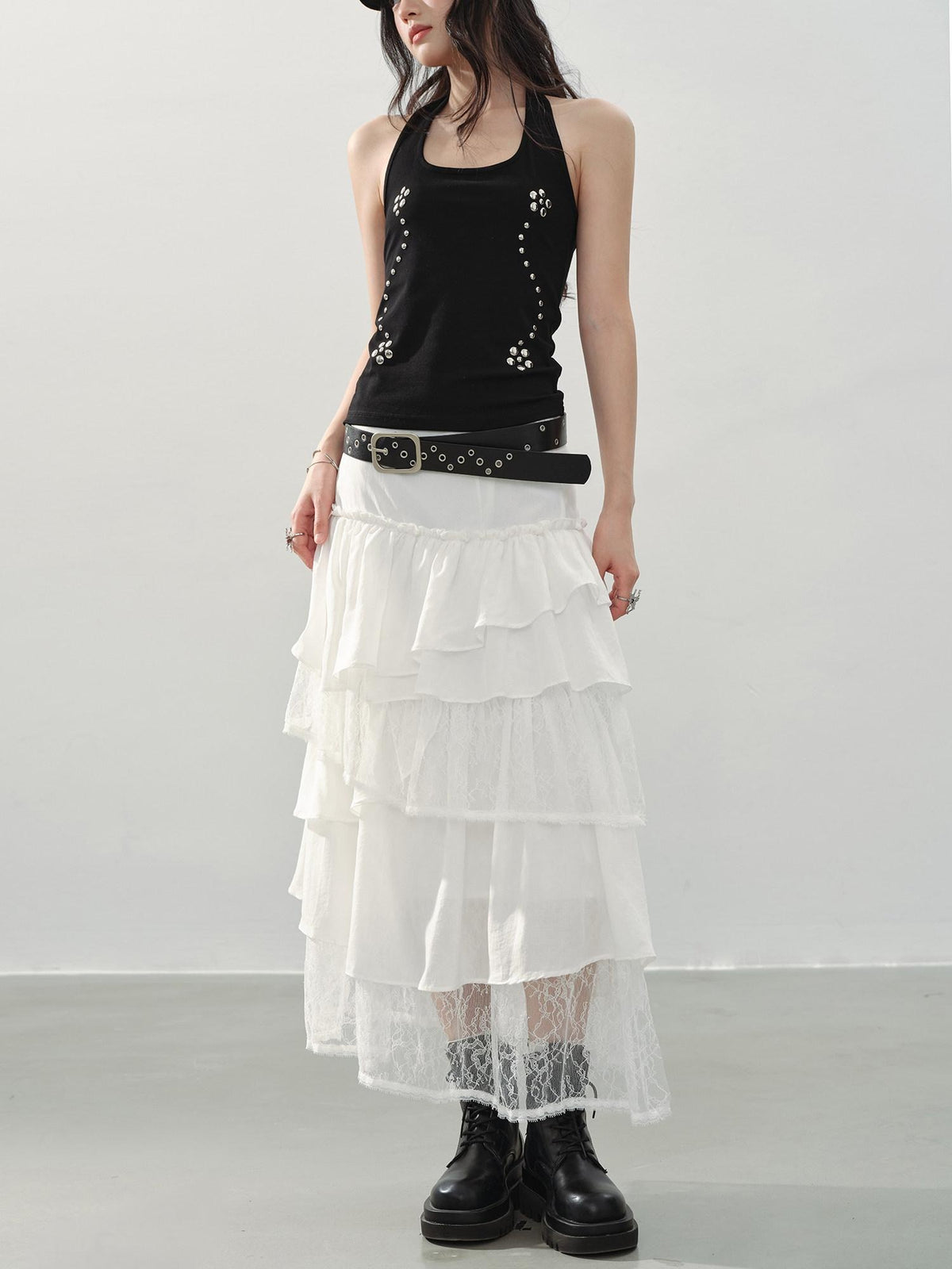 DDGIRL studio Shape Retaining Asymmetric Tiered High Waist Lined Lace Linen Women Midi Skirts