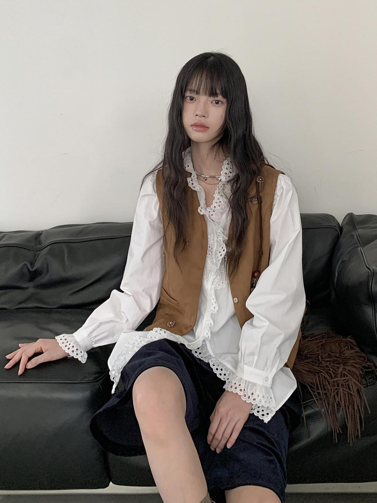 DDGIRL studio Cotton Ruffle Lace Loose V-neck Cardigan Office Casual Women Breathable Shirts