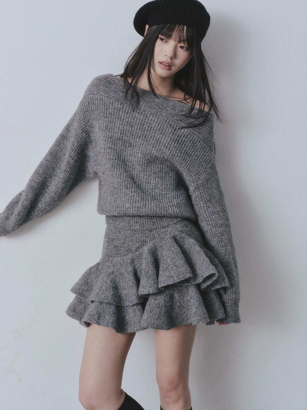 DDGIRL studio Cozy Knit Warm Girly Ruffle Bardot Neckline High Waist Grey Top & Skirt Sets