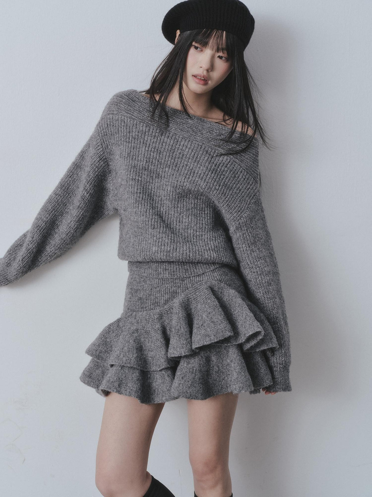 DDGIRL studio Cozy Knit Warm Girly Ruffle Bardot Neckline High Waist Grey Top & Skirt Sets