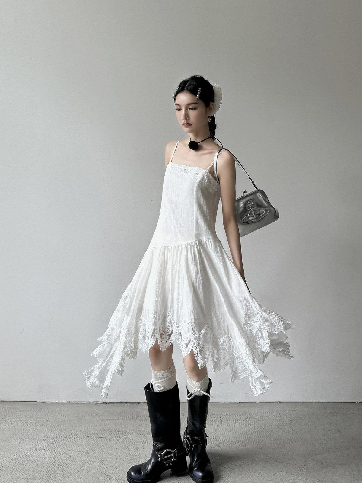 DDGIRL studio Office High Waist A Line Sleeveless Cotton Blend Camisole White Midi Dresses