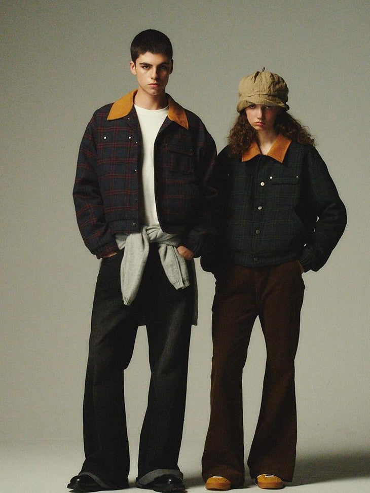 Country Moment Warm Insulated Loose Fit Plaid Cropped Teen Polyester Filled Puffer Jackets