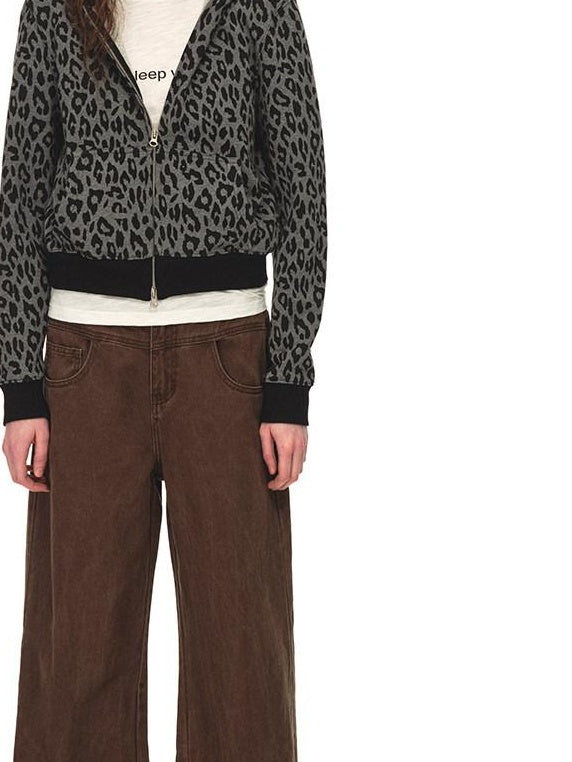 Country Moment 100% Cotton Loose Zip Crop Hooded Leopard Print Women Black Grey Hoodie
