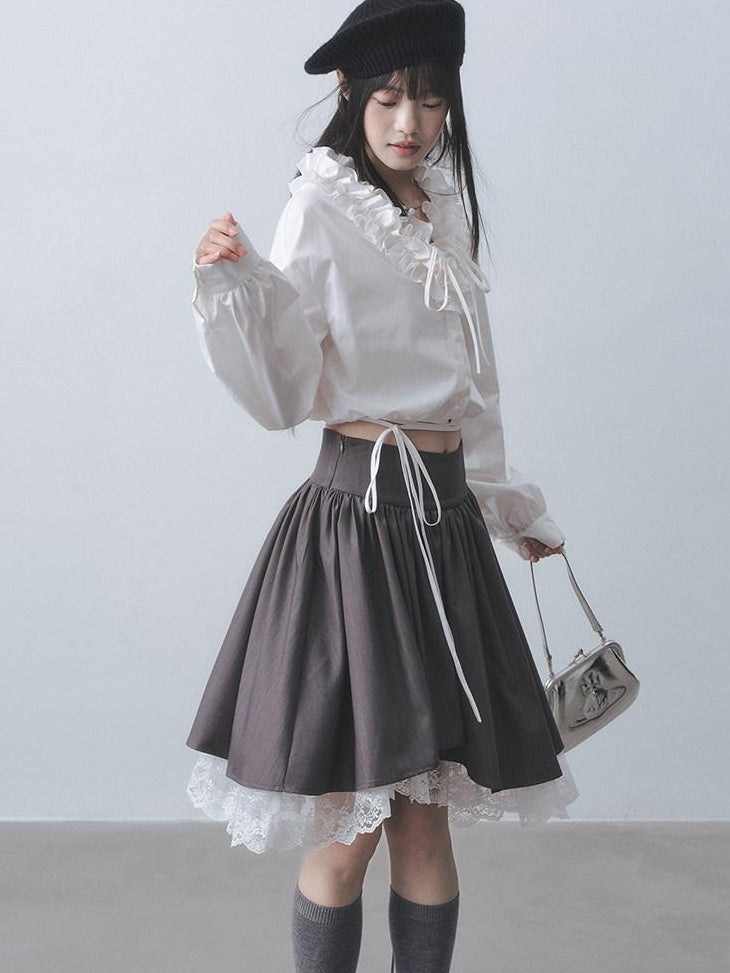 DDGIRL studio Durable Shape Retention Pleated Lace Asymmetric Relaxed Fit High Waist Midi Skirts