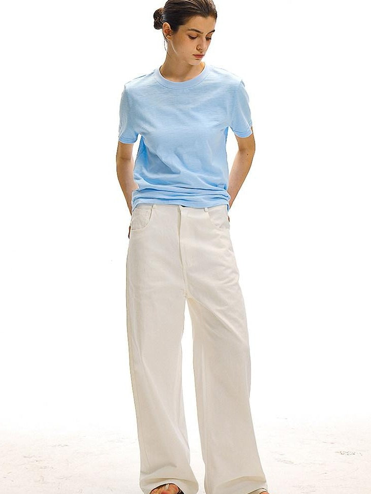 Country Moment Versatile Cotton Loose Natural Waist Zip Fly Commuter White Straight Pants