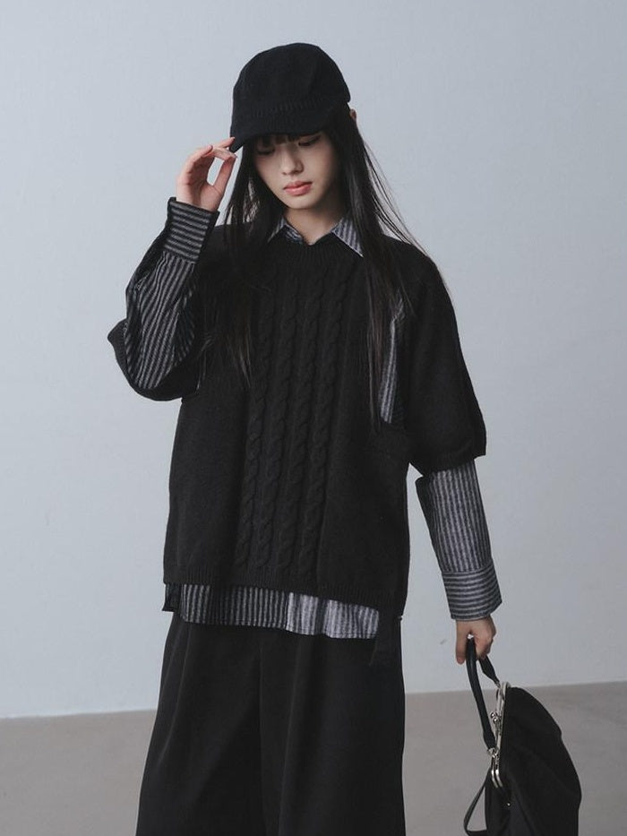 DDGIRL studio Warm Openwork Striped Knit Two Piece Loose Fit Collared Women Sweaters