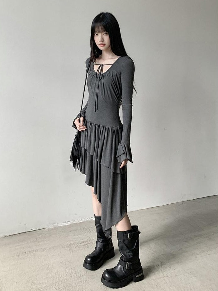 DDGIRL studio Soft Stretch Lyocell Asymmetric Cinched Waist U Neck Commuter Midi Dresses