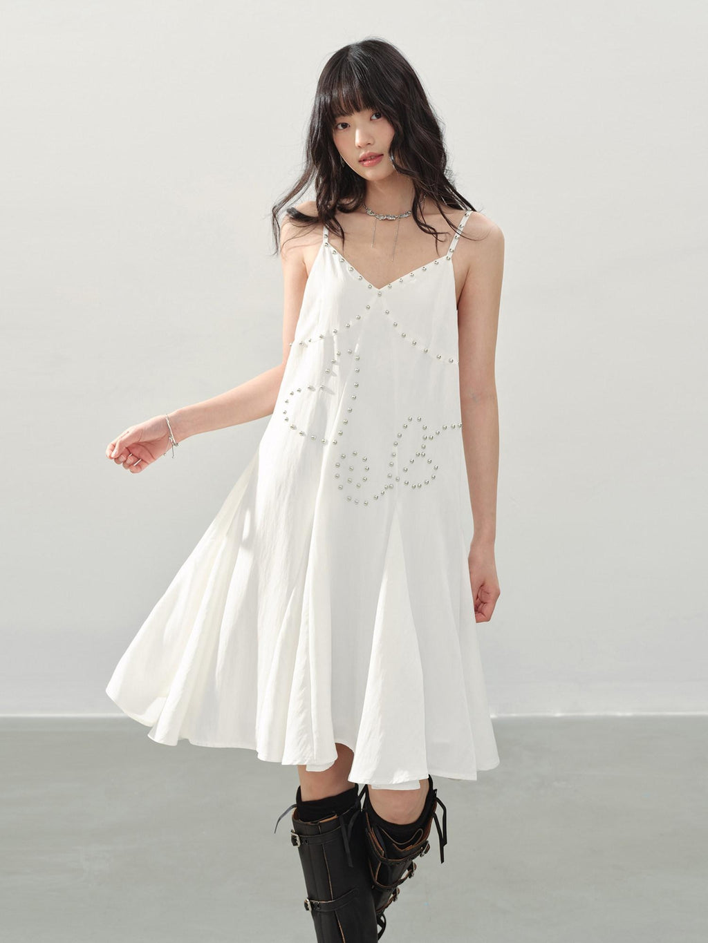 DDGIRL studio Soft Beaded Girly A Line V-neck Spaghetti Strap Cotton Wedding Midi Dresses