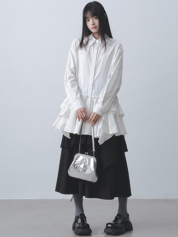 DDGIRL studio High Waist Ruffle Commuter Shirt Dress A Line Women White Button Mini Dresses