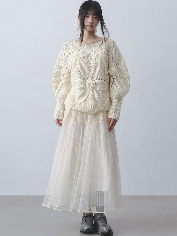 DDGIRL studio Shape Retaining High Waist A Line 3D Embellished Lined Off White Maxi Skirts