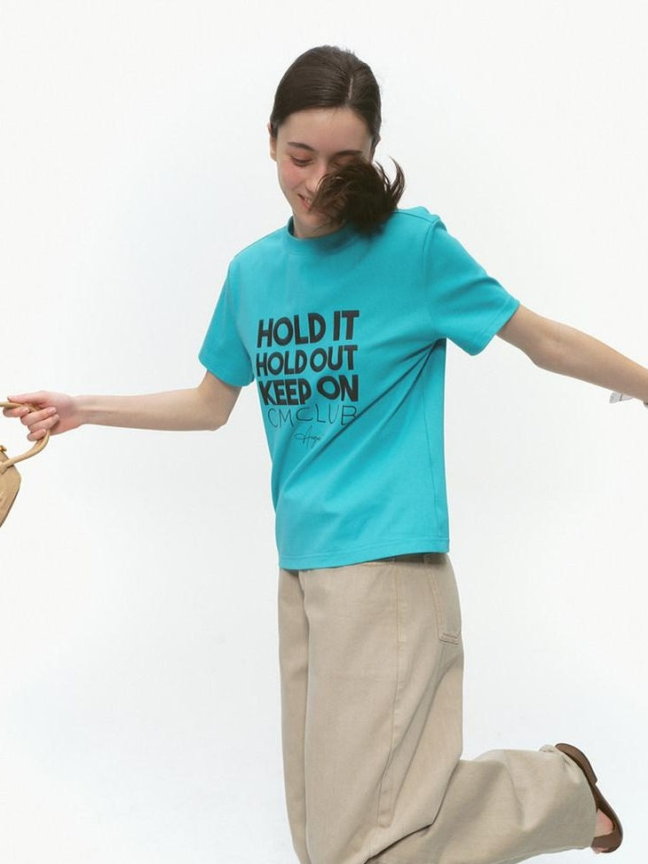 Country Moment Breathable Cotton Regular Fit Round Neck Letter Teal Short Sleeve T-Shirts