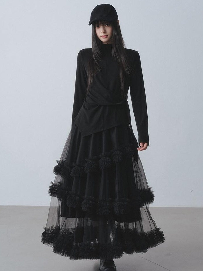 DDGIRL studio Skin Friendly Lined Asymmetric Ruffle Aline High Waist Black Maxi Skirts