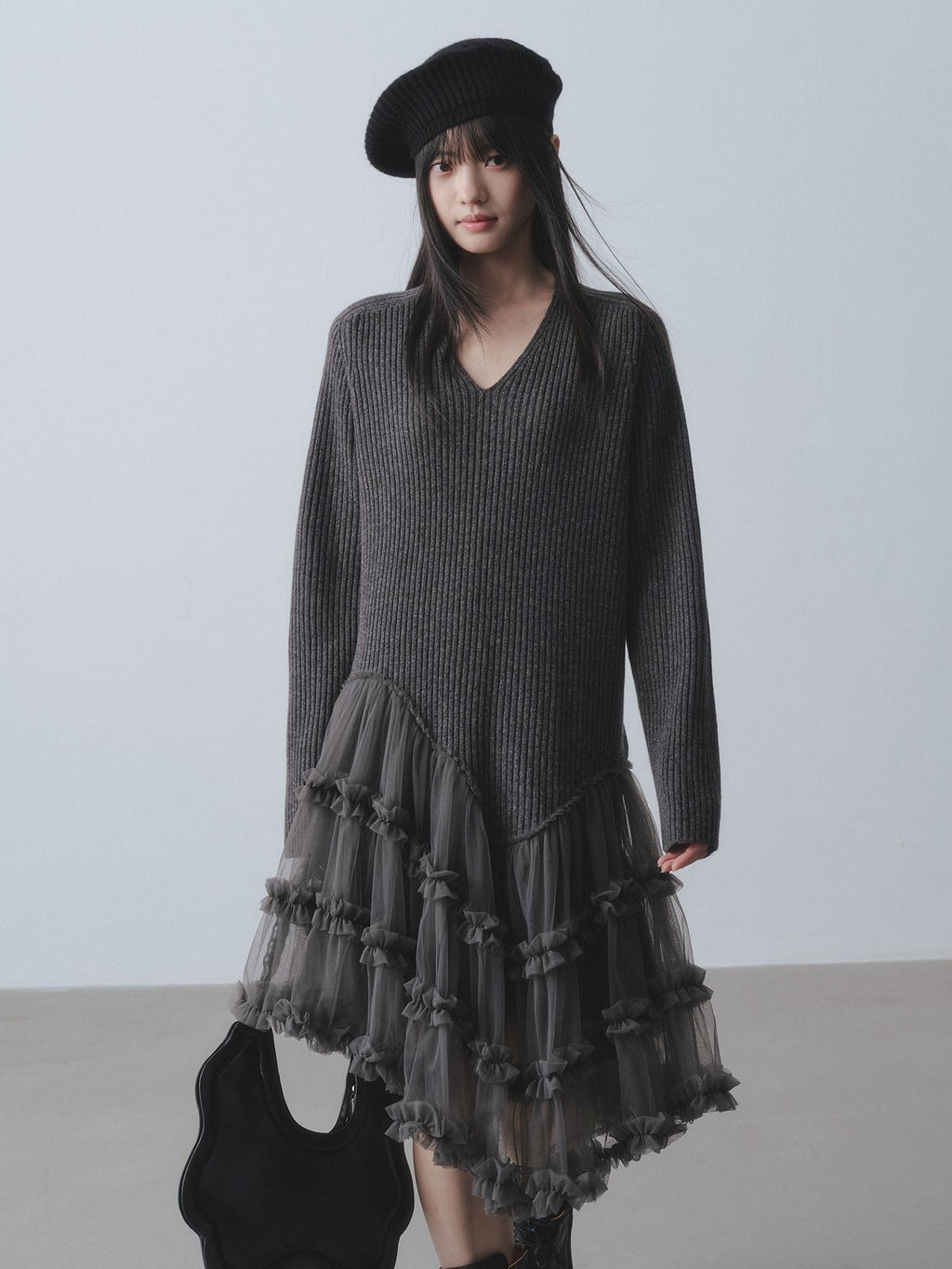 DDGIRL studio Warm 100 Percent Wool High Waist Mesh Splice A Line Sweater Midi Dresses