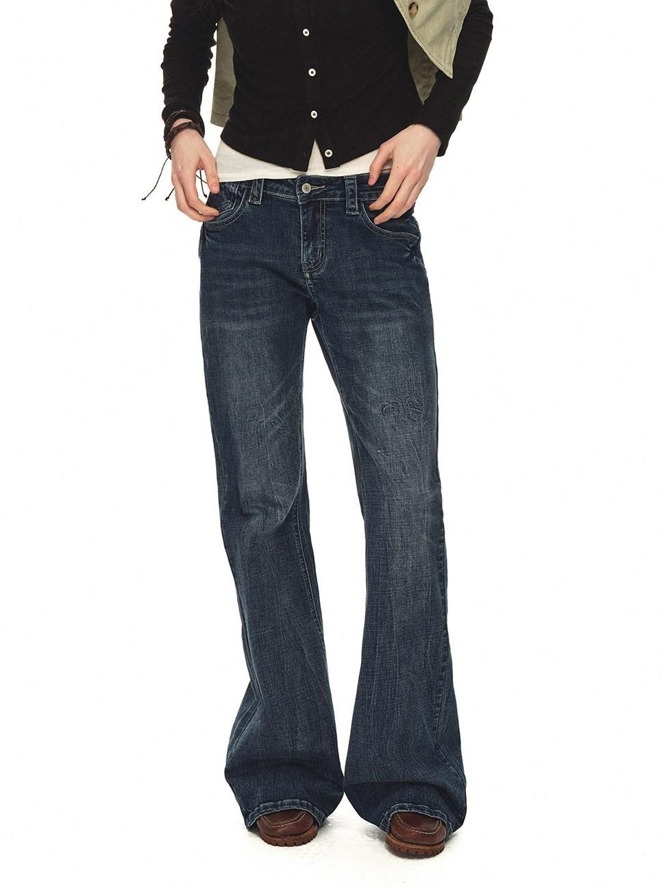 Country Moment Slimming Soft Breathable Distressed Low Rise Vintage Blue Stonewash Flared Jeans