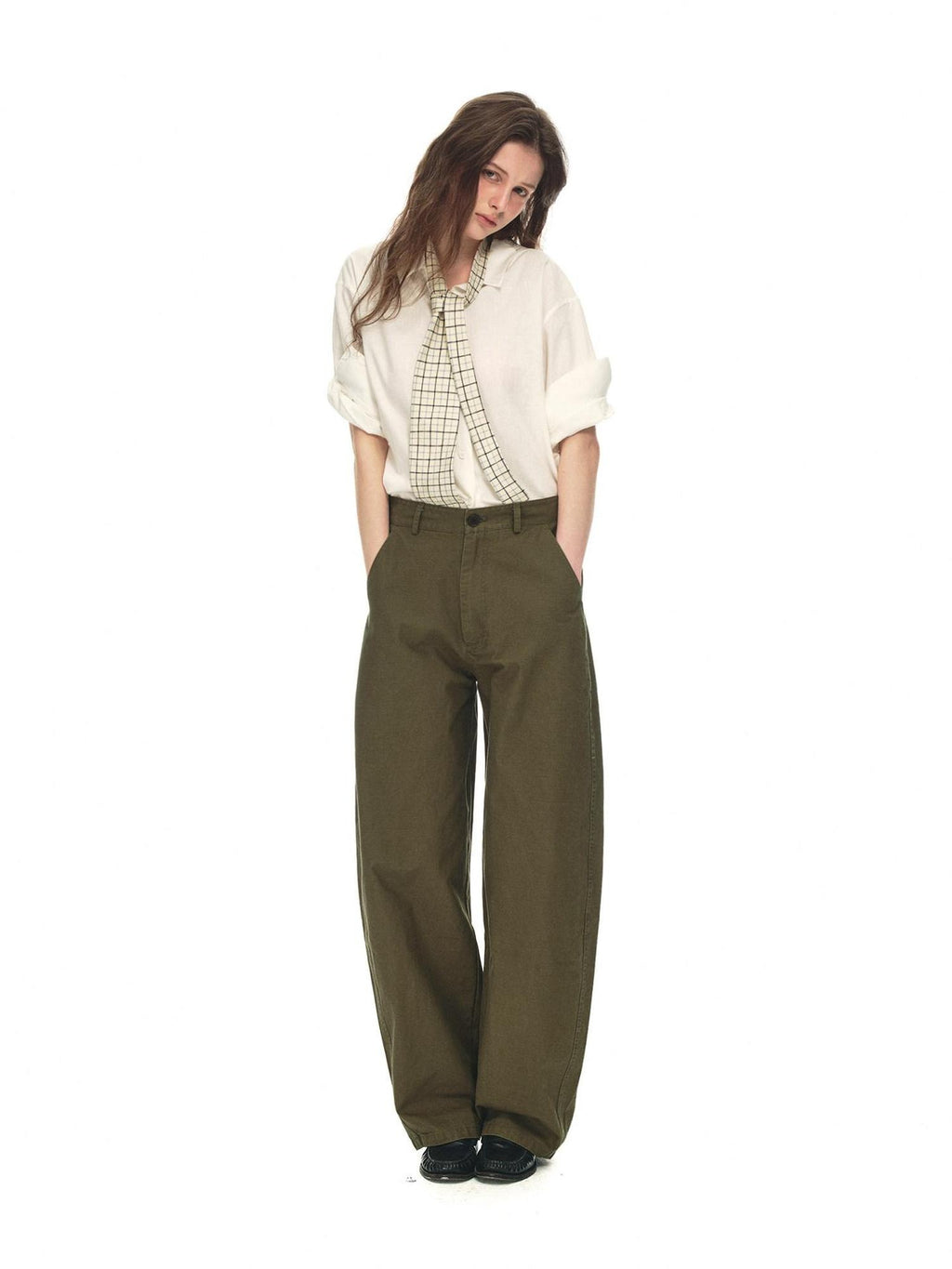 Country Moment Relaxed Cotton Button Fly Natural Waist Casual Army Green Wide Leg Pants