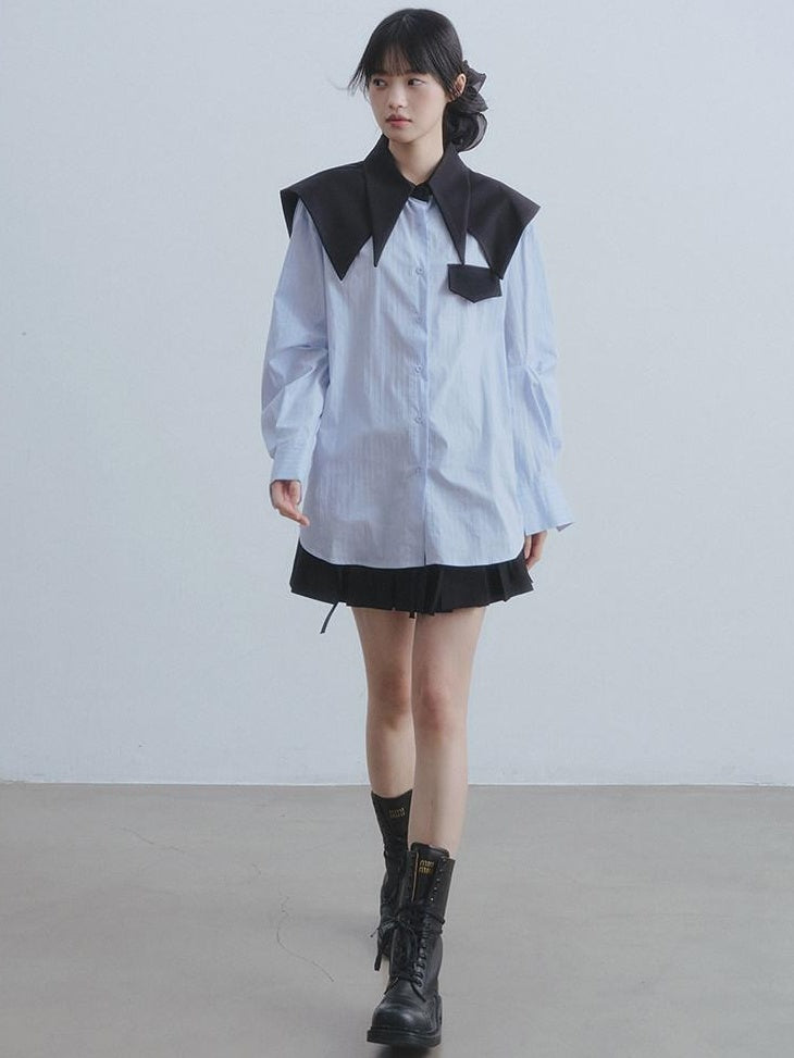 DDGIRL studio Breathable Cotton Loose Faux Layer Pleat Sleeve Striped Navy Collar Shirts