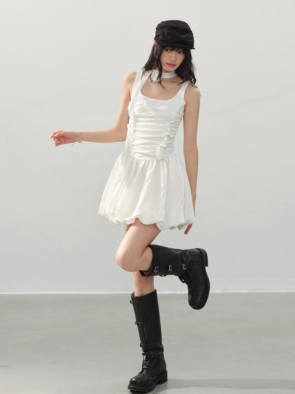 DDGIRL studio Soft Stretch Cotton Sweet Ruffle A Line Sleeveless U Neck Mid Waist Mini Dresses