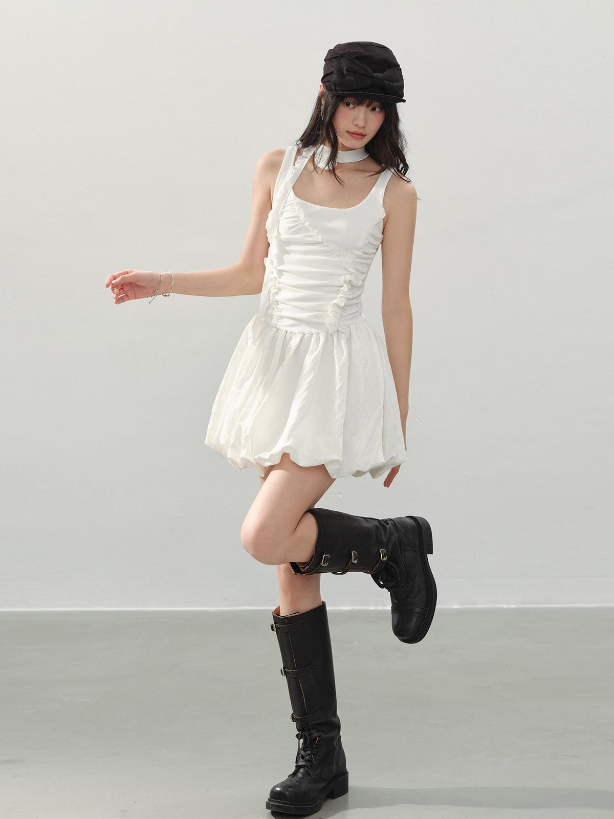 DDGIRL studio Soft Stretch Cotton Sweet Ruffle A Line Sleeveless U Neck Mid Waist Mini Dresses