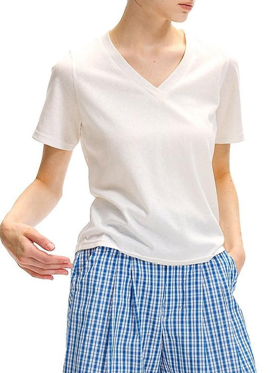 Country Moment Moisture Wicking Street Straight V-neck Cotton Blend White Short Sleeve T-Shirts