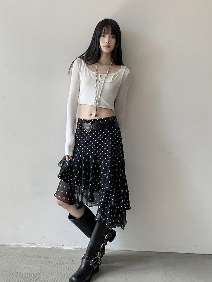DDGIRL studio Shape Retaining Ruffle Hem High Waist Office Young Women Black Lined Midi Skirts