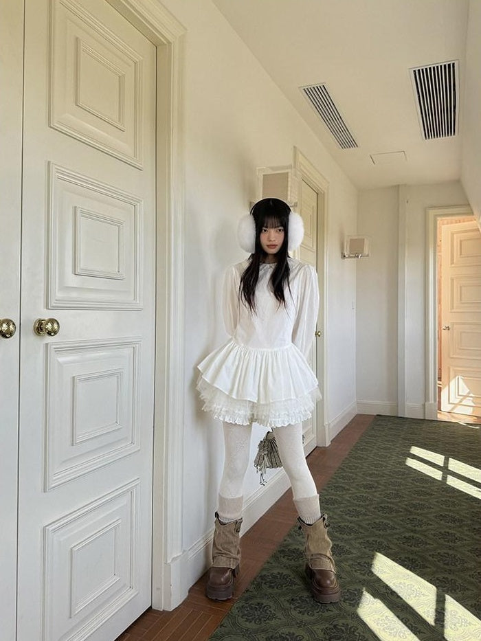 DDGIRL studio Breathable Patchwork Doll Collar Cotton Blend Cropped Long Sleeve White Blouses