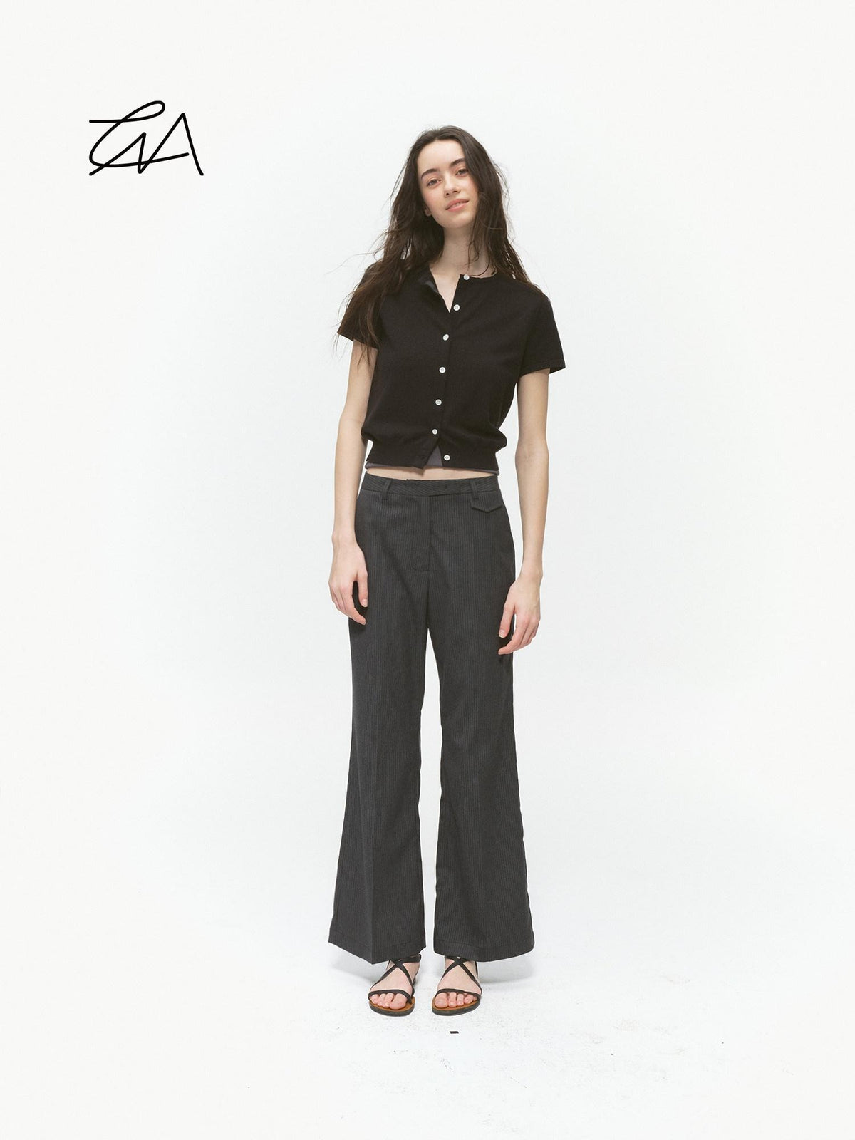 Country Moment Office Slim Mid Rise Tailored Dark Gray Striped Flared Pants