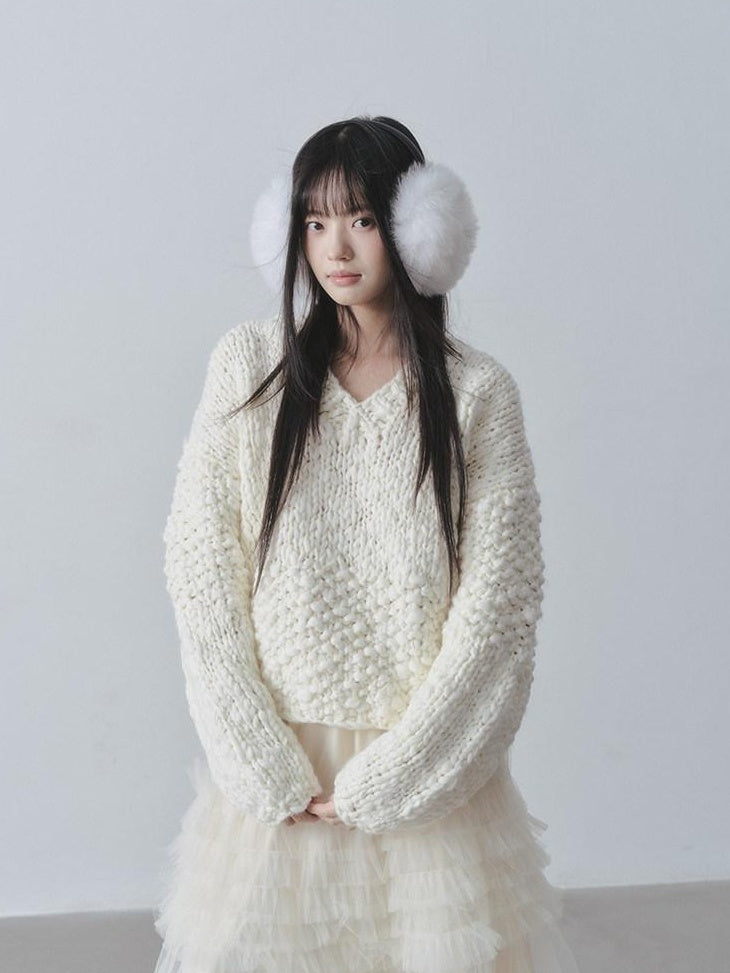 DDGIRL studio Cozy Soft Crochet V-neck Relaxed Oversized Women Campus Acrylic Wool Sweaters